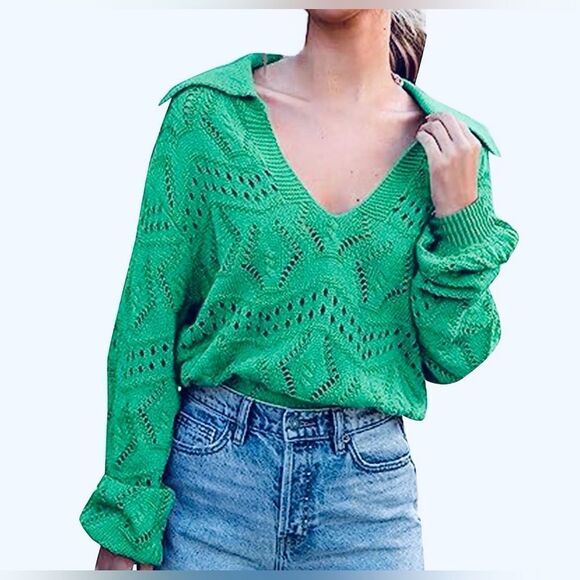 POL Open Knit Long Sleeve Sweater V-Neck Collar Green S - Picture 1 of 8